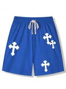 Manfinity EMRG 寬鬆版型男士十字印花短褲，帶束口腰帶 - 藏蓝色 - 查看 2