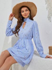 Aveloria Striped Little Floral Printed Stand Collar Hollow Out Long Sleeve Dress