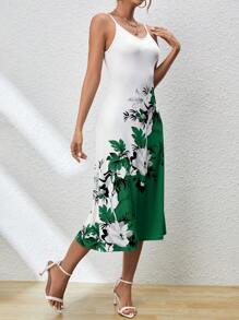 Chiquease Mid-Sleeve Jacket And Floral Printed Cami Dress Set - Dark Green - View 6