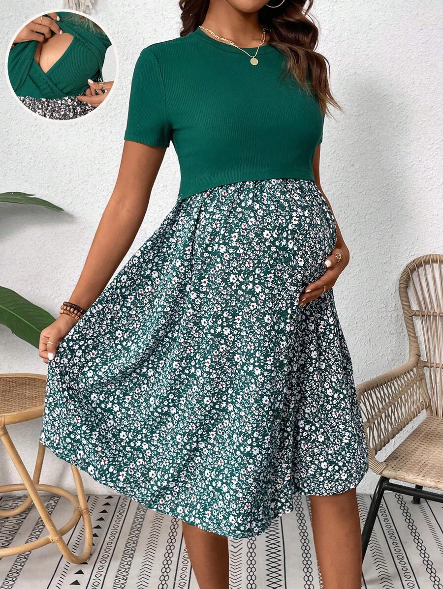 SHEIN 圆领印花拼布孕妇哺乳连衣裙，休闲日常穿着，春夏季，非常适合度假婴儿洗礼派对 - 綠色 - 查看 1