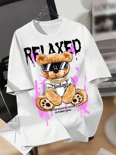 SHEIN Ung pojke Casual tecknat mönster kortärmad T-shirt med rund hals, 100 % bomull, lämplig för sommaren