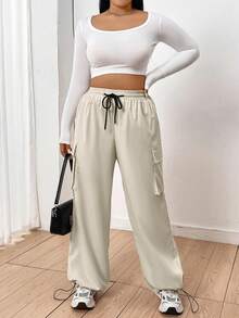 Flirla Kích thước lớn Của phụ nữ Eo dây rút Tiện ích Quần Cargo Với Túi - Màu Khaki - Xem 7