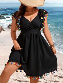 SHEIN SunnyBelle Kích thước lớn Cổ chữ V Tua chi tiết Thanh lịch Ngày lễ Đầm - màu đen - Xem 3