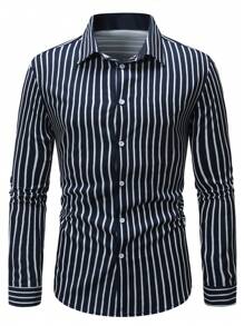Manfinity Mode Men's Striped Graphic Designer Collar Long Sleeve Shirt, For Husband, Work, Daddy, Fall - Blue - View 3