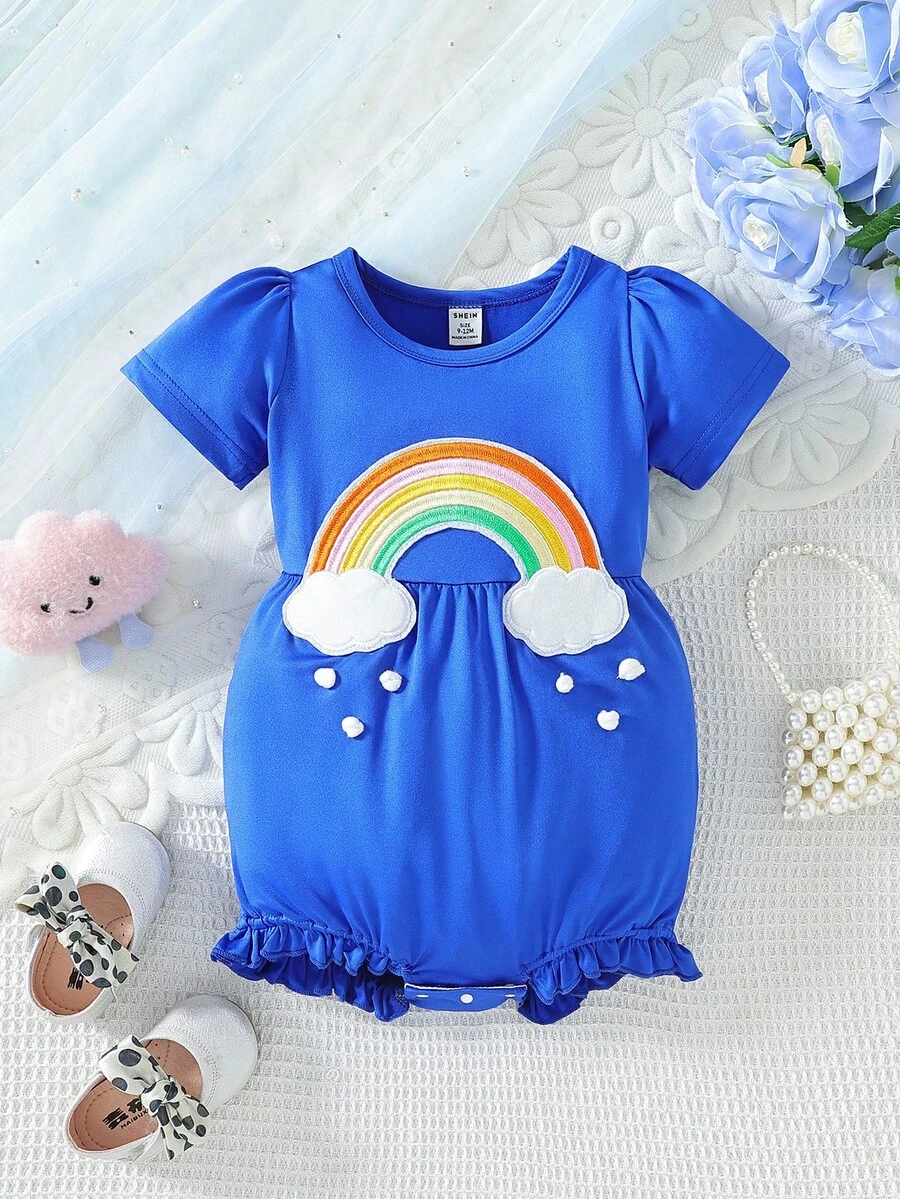 嬰兒女孩彩虹拼接連身衣 - 藍色 - 查看 1