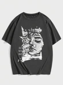 ROMWE MEN Grunge Punk Camiseta De Manga Corta Con Estampado De Estrellas Y Eslogan Para Hombre - Gris - Ver 1