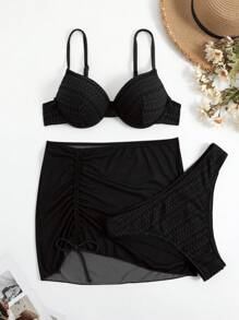 SHEIN Swim Textured Bikini Set Underwire Push Up Bra & Bikini Bottom 2 Piece Bathing Suit,Summer Beach - Black - View 3