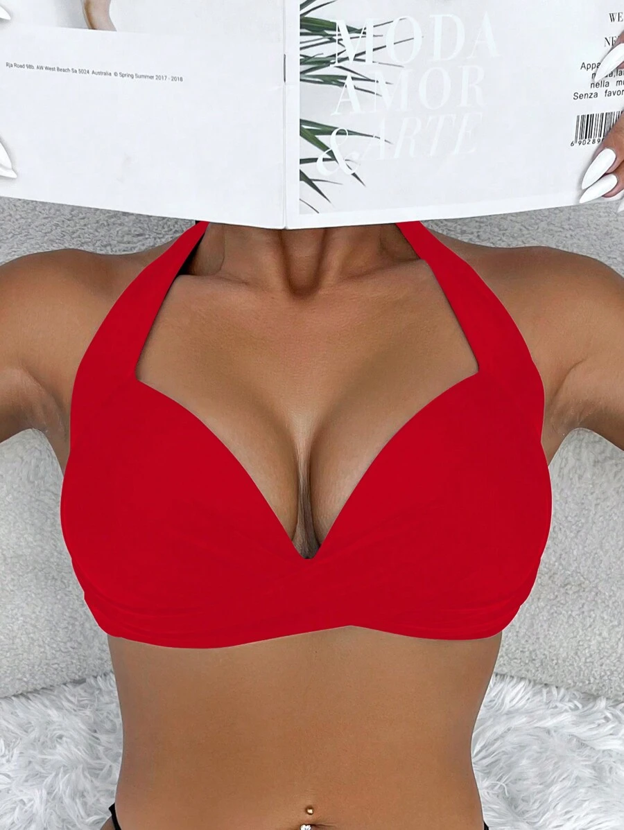 Voyashape Top de bikini de unicolor con corbata en el cuello para mujer, verano 2025 - Rojo - Ver 1