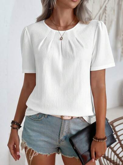SHEIN LUNE Puff Short Sleeve Blouse With Round Neckline,Short Sleeve Tops
