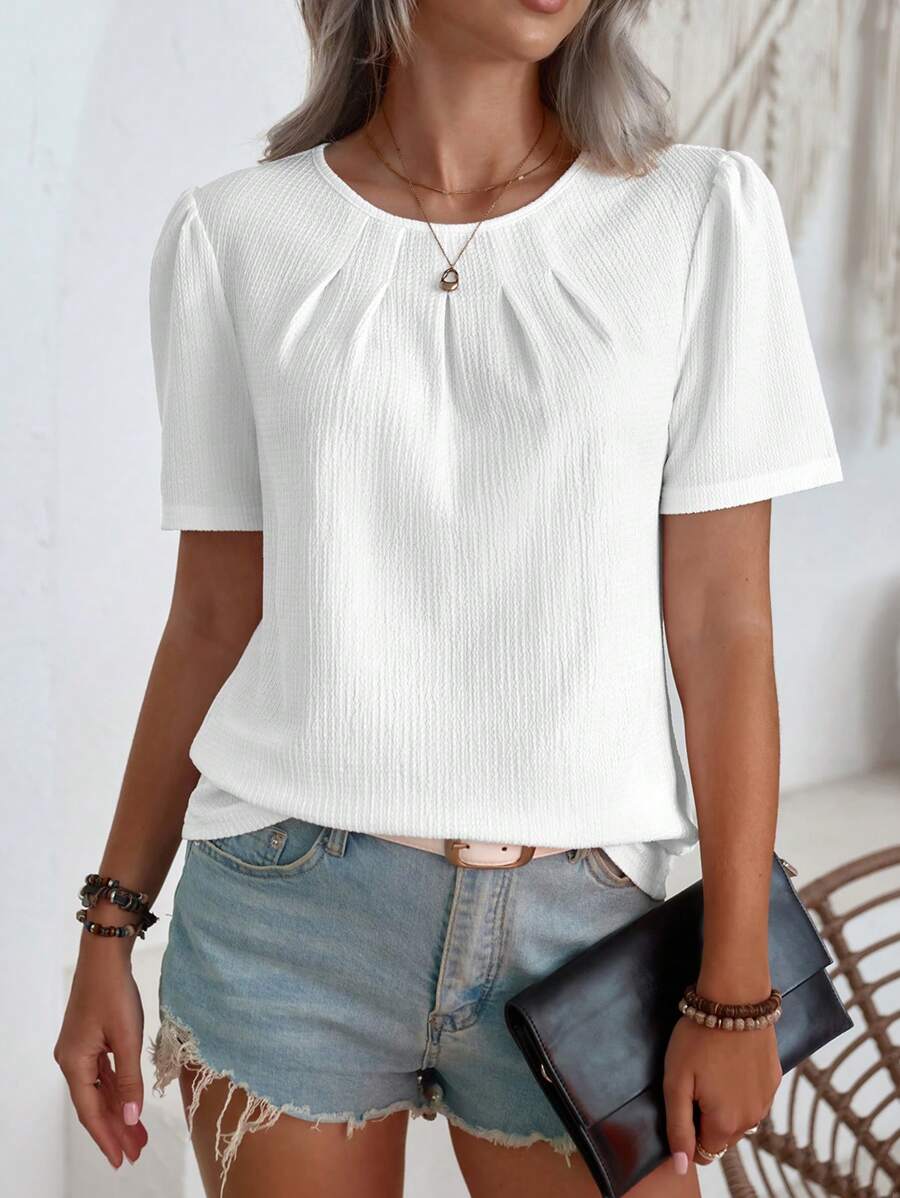 SHEIN LUNE Puff Short Sleeve Blouse With Round Neckline,Short Sleeve Tops