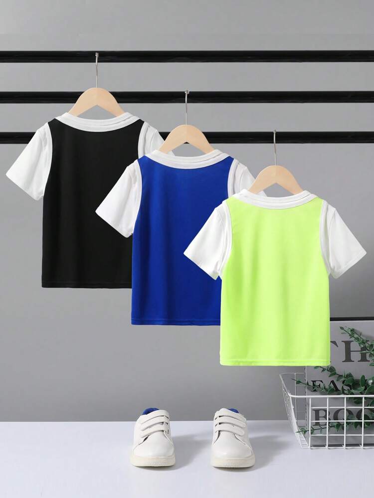 Young Boy's Sports Round Neck Short Sleeve 2 In 1 T-Shirt With Letter Pattern