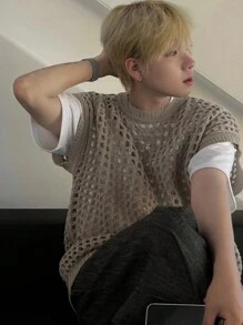 DAZY Men's Summer Round Neck Solid Color Semi-Sheer Knitted Top Fall,Winter - Khaki - View 3