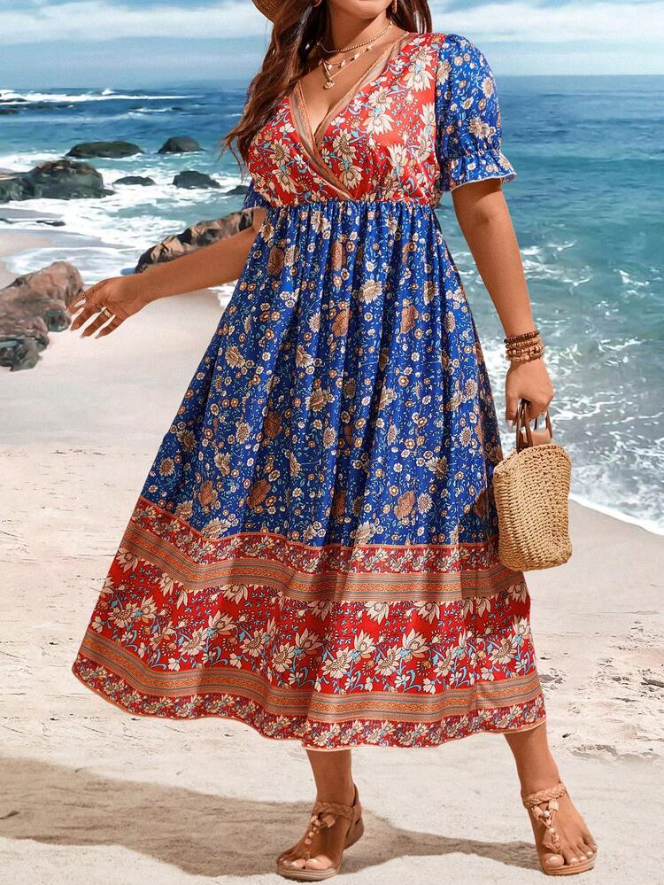 Plus Size Wrap Neck Front Short Sleeve Dress With All-Over Print