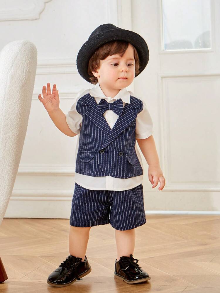 Baby Boy Gentleman Style Bow Front Striped 2 In 1 Shirt & Shorts