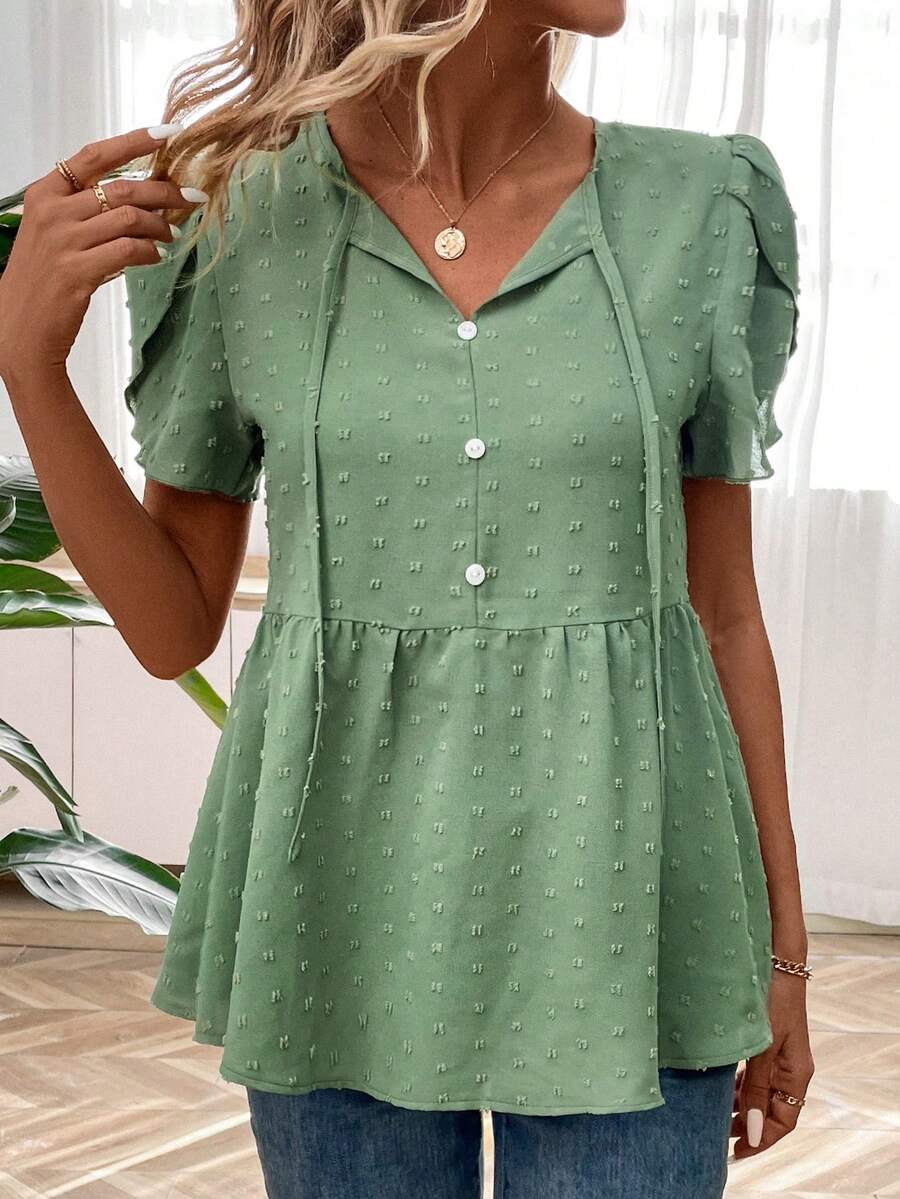 SHEIN LUNE 女士綁帶前裙式袖口上衣 - 軍綠色 - 查看 1