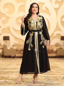 Al Najma 大碼刺繡拼接夾克和緞帶拼接連衣裙 - 黑色 - 查看 4