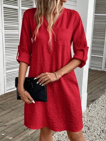 EMERY ROSE 女款純色荷葉邊袖前拉鍊連身裙