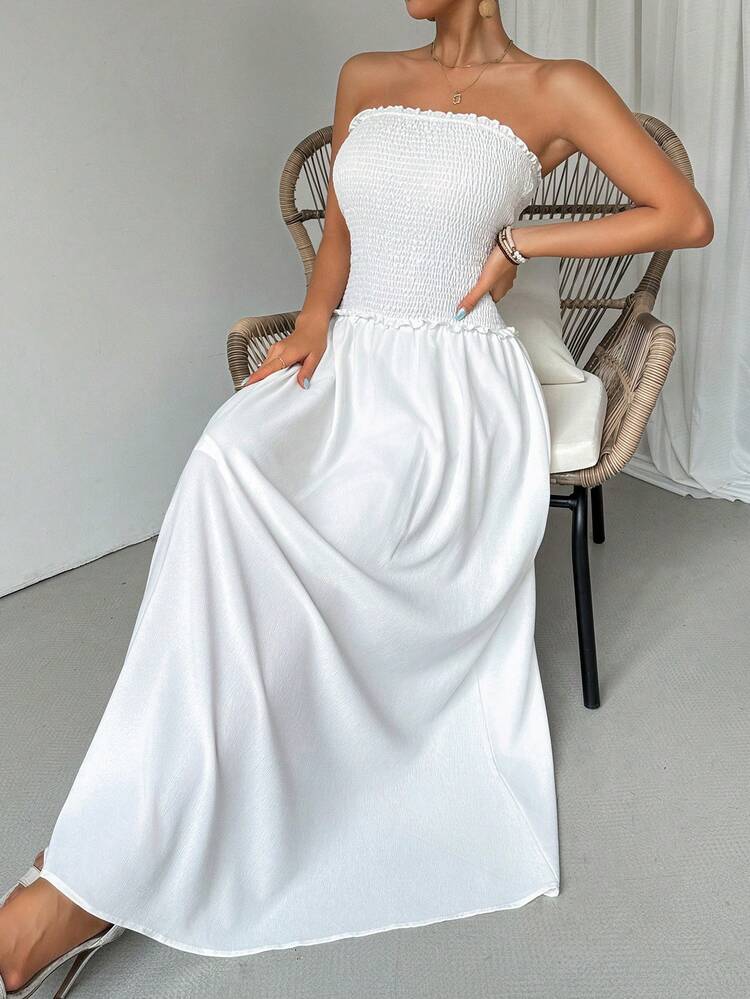 Strapless Shirred Design Elegant Vacation Style Floor-Length Dress