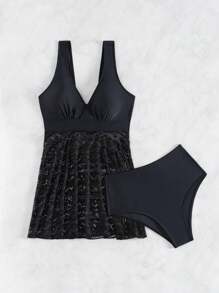 SHEIN Swim 夏季女士镂空背心上衣和三角下装泳衣套装 - 黑色 - 查看 7