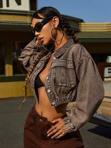 SHEIN ICON Women's Vintage Drop Shoulder Cropped Denim Jacket - Brown - View 4