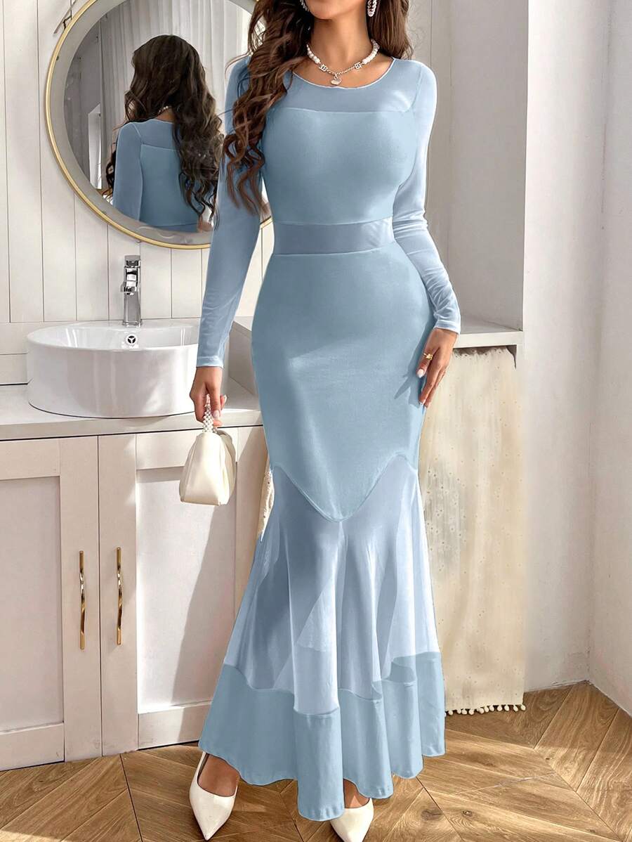 SHEIN Privé Colorblock Mermaid Hem Dress - Blue - View 1