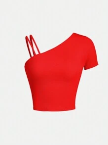 SHEIN Thiếu niên Cô gái Ngày lễ Sọc Ngắn tay Áo thun - Đỏ - Xem 1
