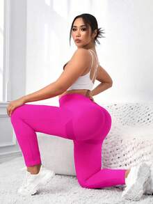 Yoga Basic 大尺碼女性單色運動緊身褲 - 玫紅色 - 查看 6