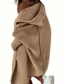 Casual Long Sleeve Hooded Knitted Cardigan, Autumn/Winter - Khaki - View 2