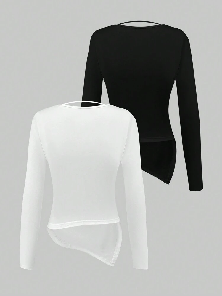 Women's Casual Solid Color Draped Asymmetrical Hem Halter Draped Collar T-Shirt