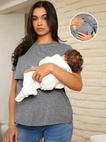 SHEIN Maternity Casual Round Neck Nursing T-Shirt - Multicolor - View 4