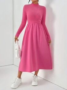 SHEIN Essnce Women's Casual Solid Color Stand Collar Dress - Hot Pink - View 3