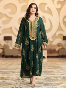 Layrah 大码女士阿拉伯服装，带金箔花卉图案 Kaftan Jalabiya 阿拉伯连衣裙，优雅奢华晚会风格 - 墨綠色 - 查看 4