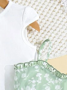 SHEIN Robe décontractée et douce pour bébé fille avec Top à manches courtes de couleur unie et robe à contraste en maille florale - Blanc - Voir 4