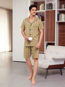 Men's Geometric Pattern Short Sleeve Shirt Pajama Set