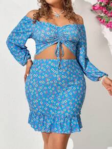 Dreamara Plus Size Women's Off-Shoulder Long Sleeve Floral Print Top And Skirt Set - Multicolor - View 5