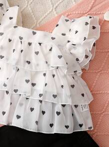 SHEIN 女婴欧根纱印花黑色心形图案上衣和喇叭裤套装 - 黑與白 - 查看 3
