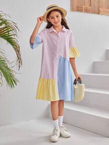 SHEIN Leap Crew 少女們的雜色寬鬆休閒襯衫裙 - 粉色 - 查看 6