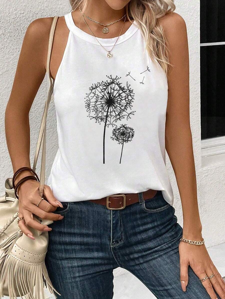 SHEIN LUNE 休闲蒲公英花卉印花工字背心，适合女性夏季 - 白色 - 查看 1