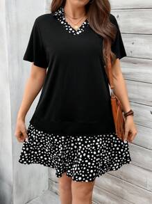 SHEIN LUNE Kích thước lớn Của phụ nữ Ngắn tay In vết tròn Polka Đầm Với Vòng cổ Và Hem tương phản Đối với Mùa xuân/Mùa hè - màu đen - Xem 1