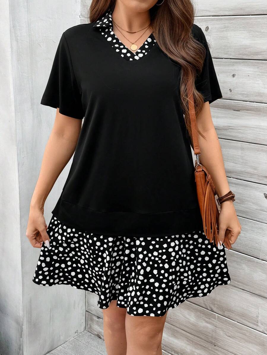 SHEIN LUNE Kích thước lớn Của phụ nữ Ngắn tay In vết tròn Polka Đầm Với Vòng cổ Và Hem tương phản Đối với Mùa xuân/Mùa hè - màu đen - Xem 1