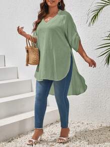 SHEIN VCAY Plus Size Women's Asymmetric Hem Blouse With Raglan Sleeve