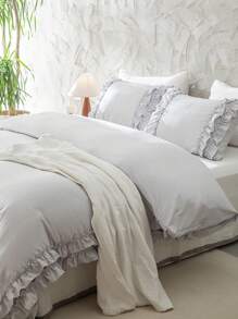 灰色荷叶边被套三件套,波西米亚农舍风格床上用品,荷叶边装饰,灰色,柔软超细纤维被套,1个被套,2个枕套,不含被芯,适合学生使用 - 灰色 - 查看 9