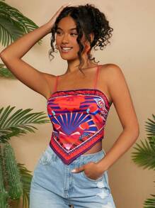 Travachic 全印花不對稱下擺假兩件度假背心上衣