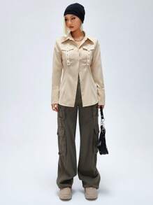 SHEIN EZwear Women's Casual Utility Shirt With Pockets And Drawstring Waist