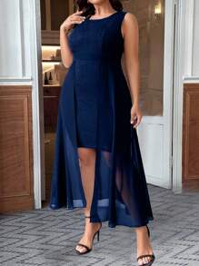 SHEIN Clasi Plus Size Lace Patchwork Asymmetrical Hemline Dress - Navy Blue - View 4