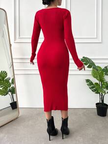 EURMUSE Women'S Square Neck Slim Fit Sweater Dress - Red - View 2