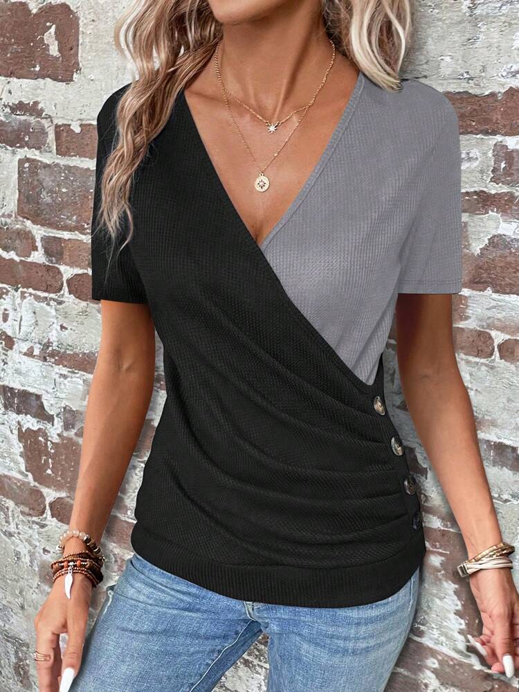 Women's Color Block Wrap Neck T-Shirt
