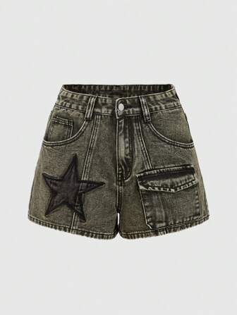 Grunge Punk Women's Denim Shorts With Star Pattern, School