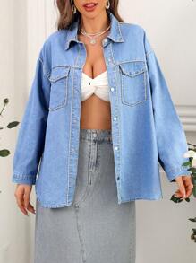 SHEIN Privé 女士款鑲有鑽石的牛仔頂 - 藍色 - 查看 3