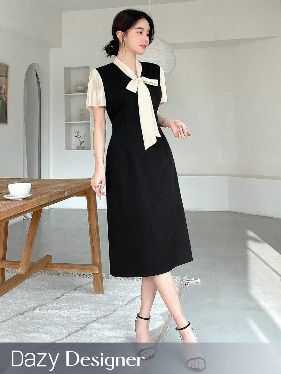 Dazy Designer Quý cô Khối màu Nối Váy có thắt lưng - Nhiều màu - Xem 1